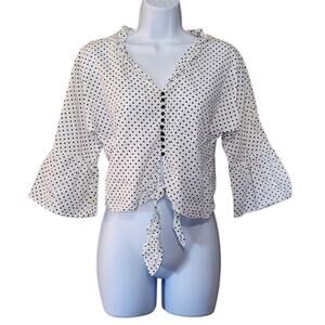 Girl Krazy Womens Crop Top Size M White Black Polka Dot 3/4 Bell Sleeve Button